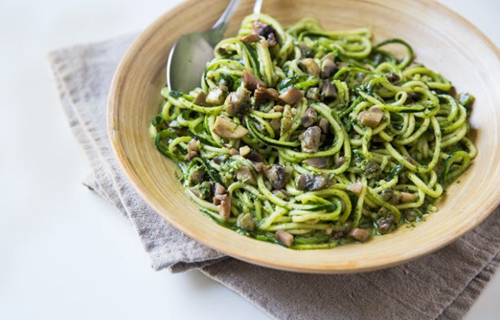 Kale and Basil Pesto Zoodles with Mushrooms