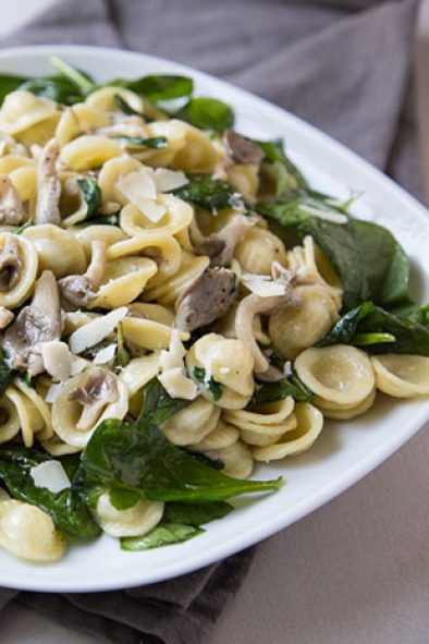 Oyster Mushroom and Spinach Orecchiette with Garlic and Lemon