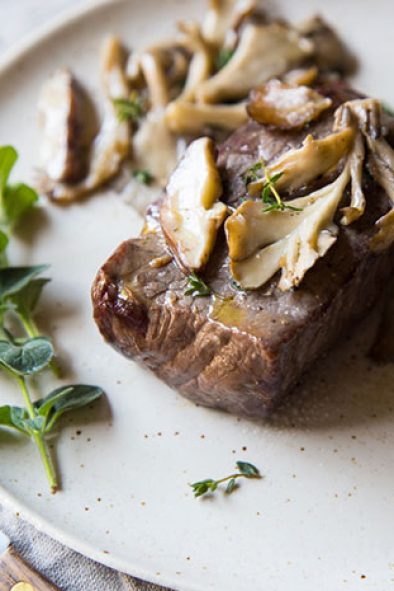 Broiled Top Sirloin Steak with Sautéed Maitake and Shiitake Mushrooms