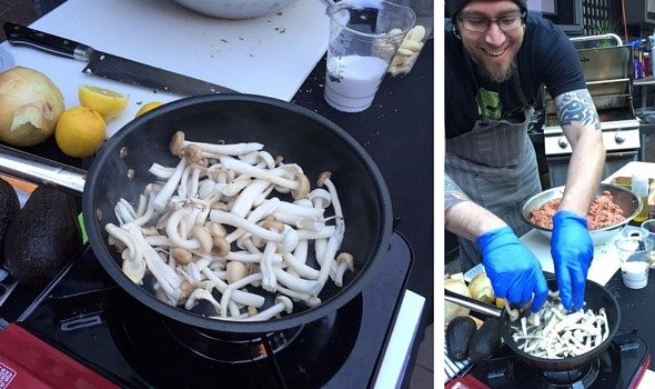 Chef cooking with mushrooms.