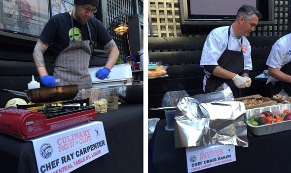 Chefs Ray Carpenter and Craig Baker competing in the Blended Burger Battle.