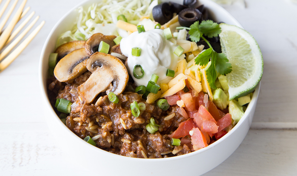 Mushroom, Beef and Brown Rice Taco Bowl