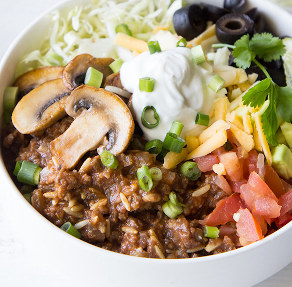 Mushroom, Beef and Brown Rice Taco Bowls