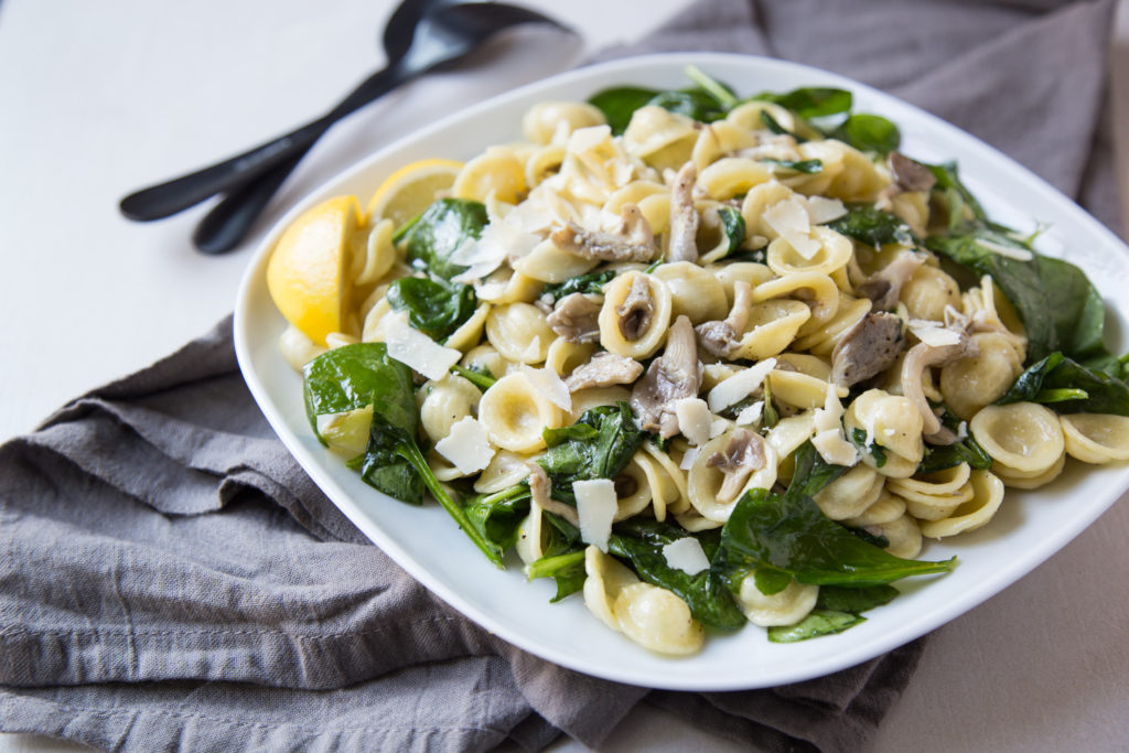 Oyster Mushroom and Spinach Orecchiette with Garlic and Lemon