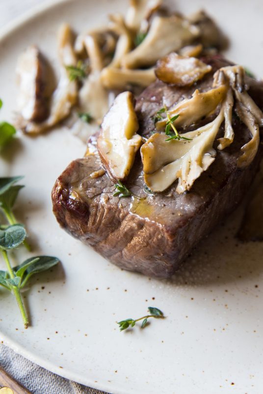 Broiled Top Sirloin Steak with Sautéed Maitake and Shiitake Mushrooms