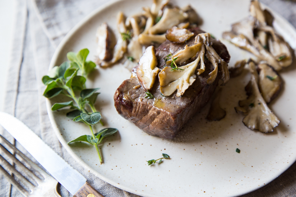 Broiled Top Sirloin Steak with Sautéed Maitake and Shiitake Mushrooms