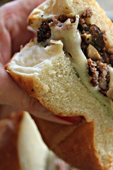 Pepper-Crusted Burgers Filled with Roasted Mushrooms and Swiss Cheese