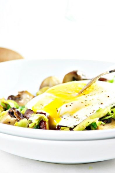 Roasted Mushrooms, Brussels Sprouts and Bacon Hash