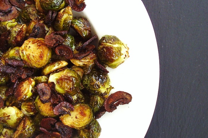 Roasted Brussels Sprouts with "Baby Bella" Bacon Bits