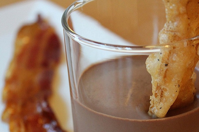 Umami Chocolata Panna Cotta, Maple Bacon Crisp