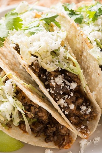 Mushroom and Beef Tacos with Salsa and Cotija Cheese