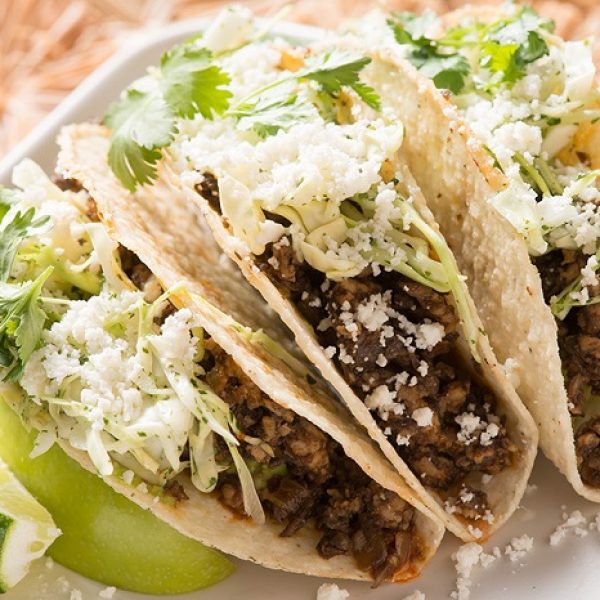Mushroom and Beef Tacos with Salsa and Cotija Cheese