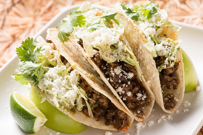 Mushroom and Beef Tacos with Salsa and Cotija Cheese