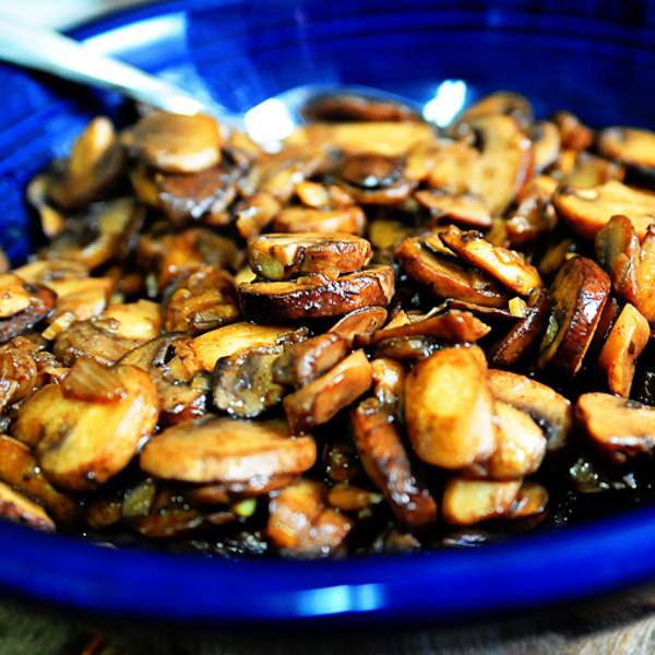 Bowl of sauteed mushrooms.