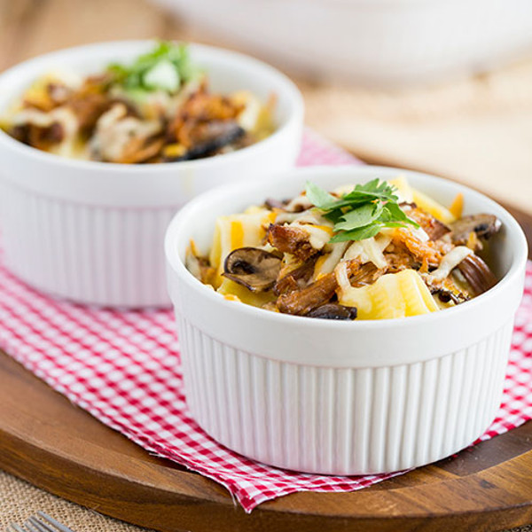 Mac n Cheese with pork and mushrooms.