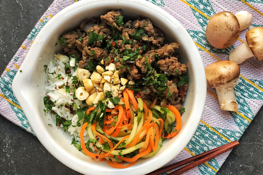 Blended Asian Beef Bowl with Cucumber Carrot Salad