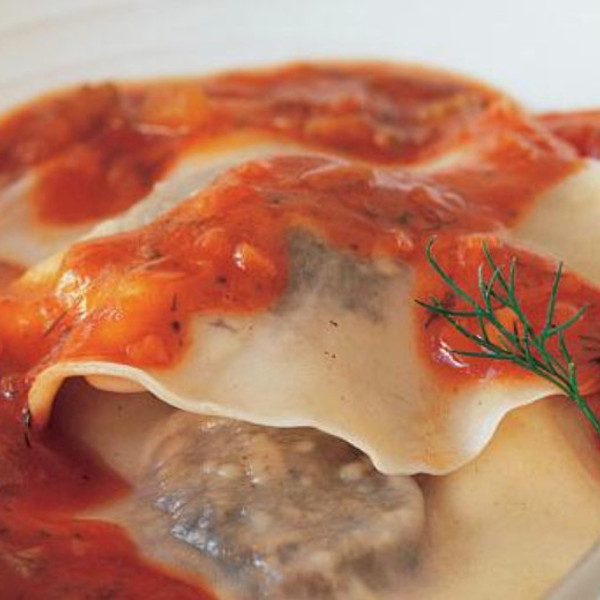 Buckwheat Mushroom Kreplach in Dill Tomato Sauce