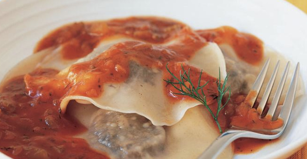 Buckwheat Mushroom Kreplach in Dill Tomato Sauce