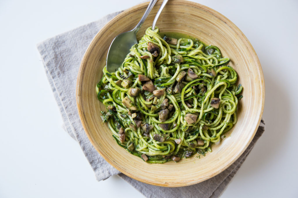 Kale and Basil Pesto Zoodles with Mushrooms