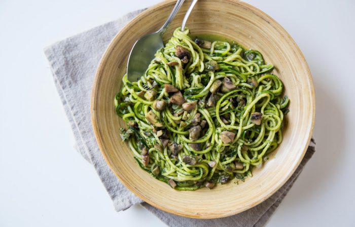Kale and Basil Pesto Zoodles with Mushrooms