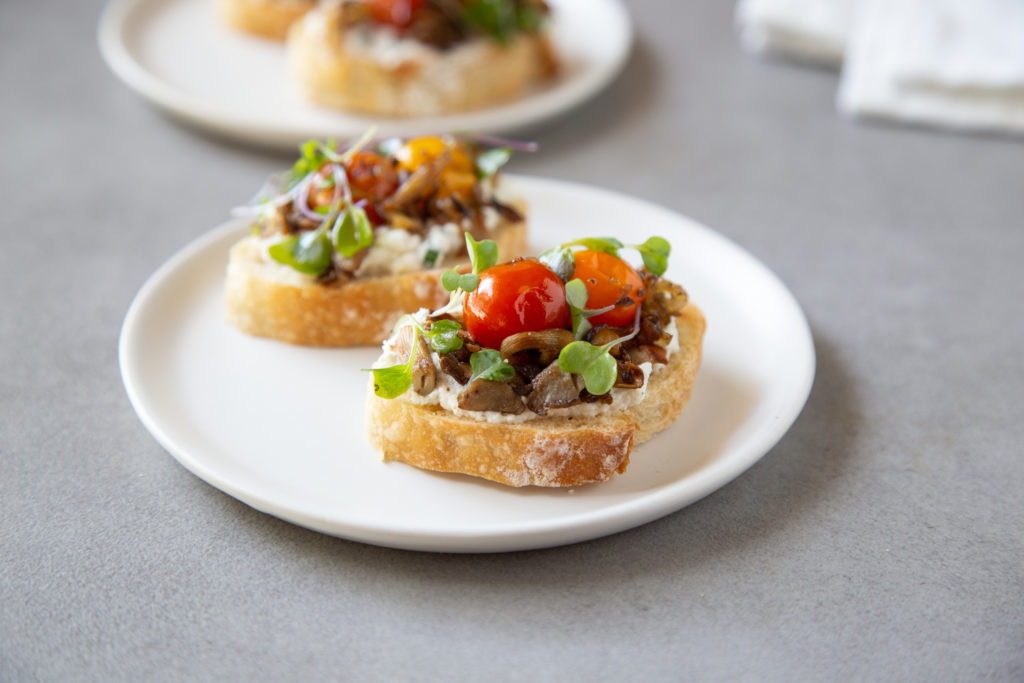 Oyster Mushroom Toast with Black Pepper Ricotta and Lemon Dressed Microgreens