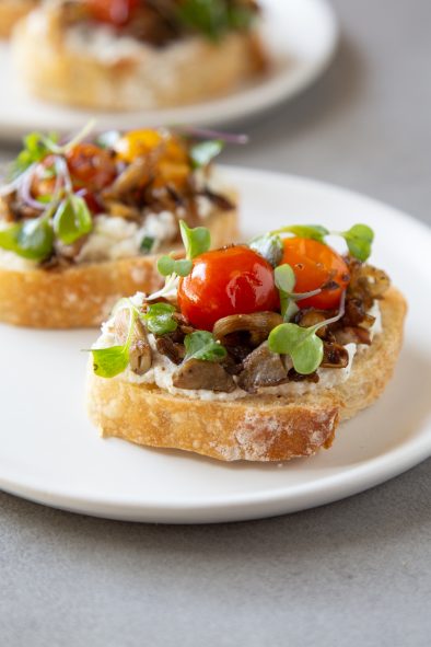 Oyster Mushroom Toast with Black Pepper Ricotta and Lemon Dressed Microgreens