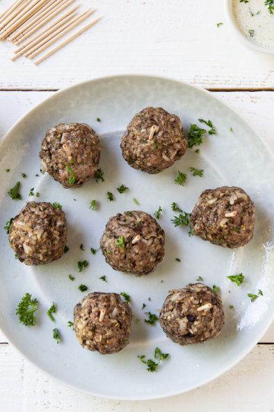 Lamb and Mushroom Blended Meatballs with Spiced Cucumber Yogurt Dipping Sauce