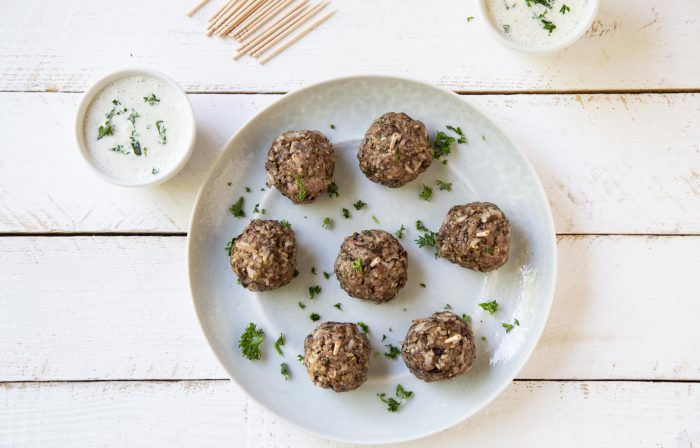 Lamb and Mushroom Blended Meatballs with Spiced Cucumber Yogurt Dipping Sauce