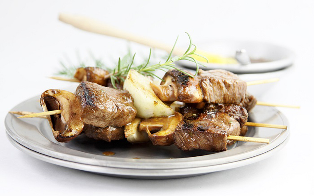 Grilled Steak, Mushroom and Onion Kebabs