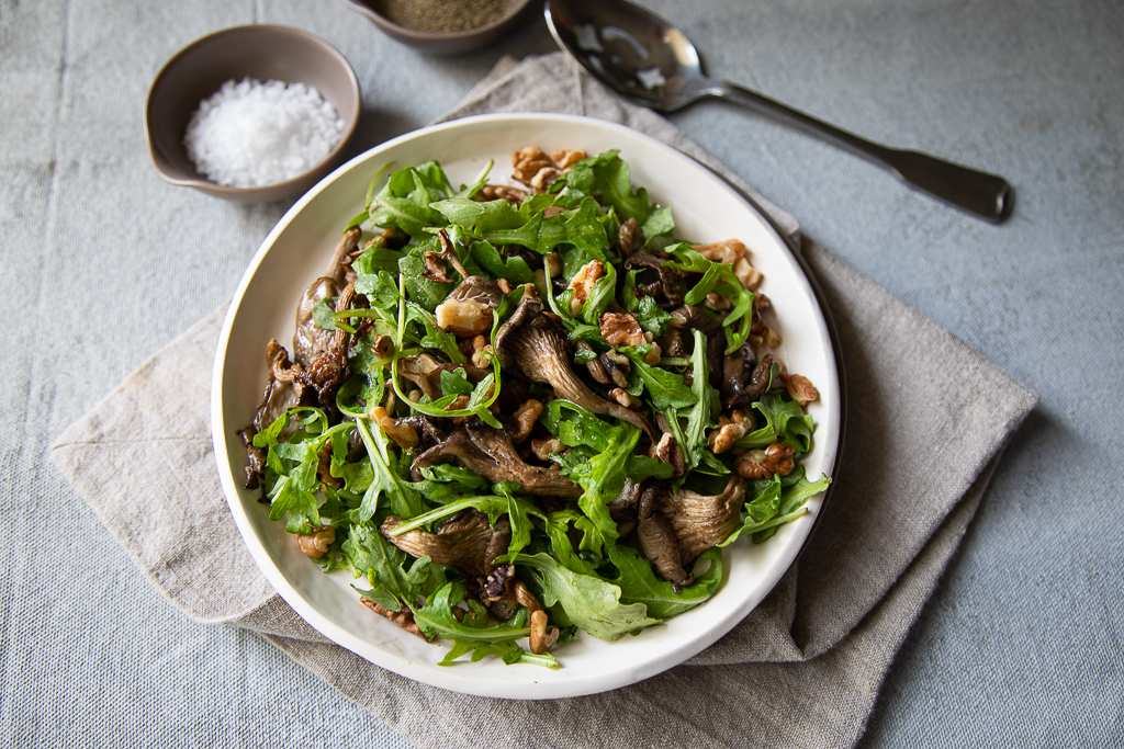 Roasted Oyster Mushrooms with Arugula and Walnuts