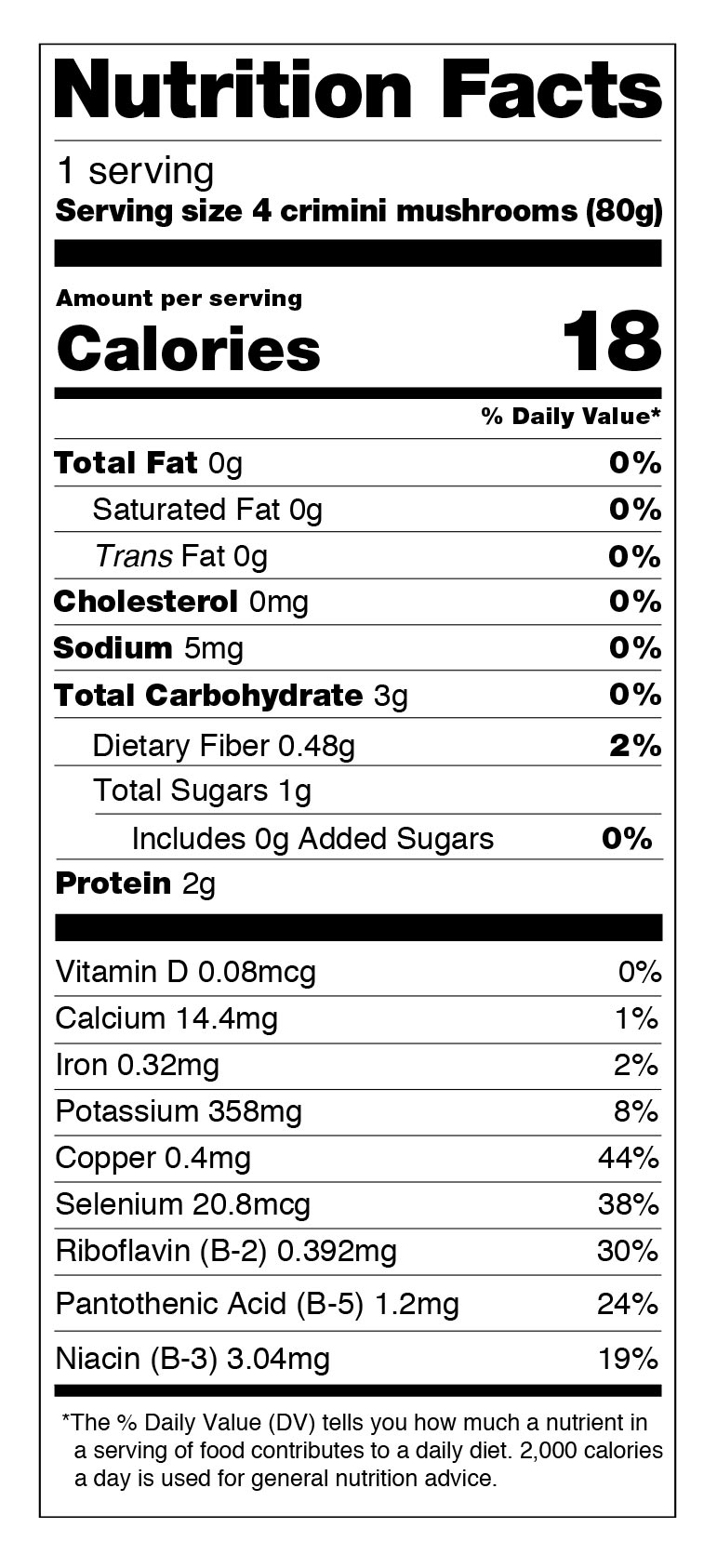 Nutrition facts label for brown crimini mushrooms