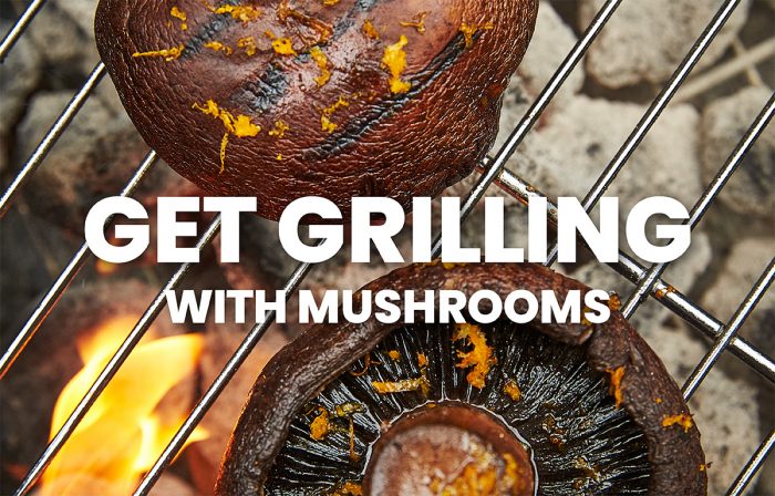 Get Grilling with Mushrooms Text with mushrooms on grill