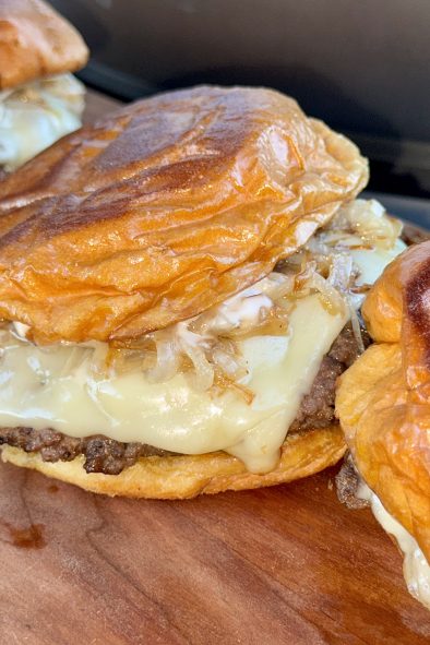 3 smash burgers with sauteed onions and mushrooms