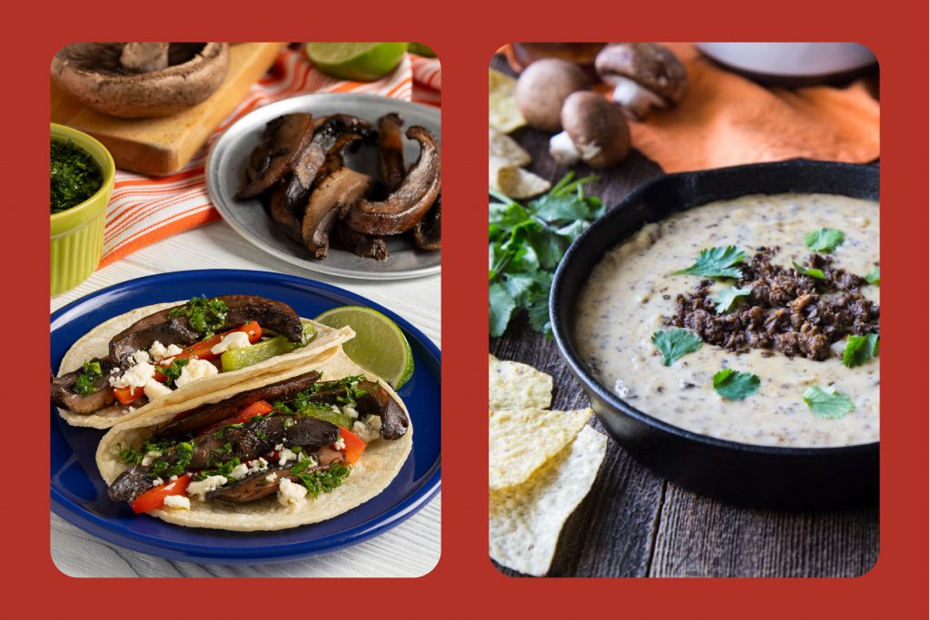 mushrooms tacos and queso dip