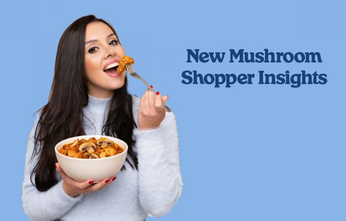 Photo of young woman eating a bite from a bowl that contains mushrooms under the headline New Mushroom Shopper insights